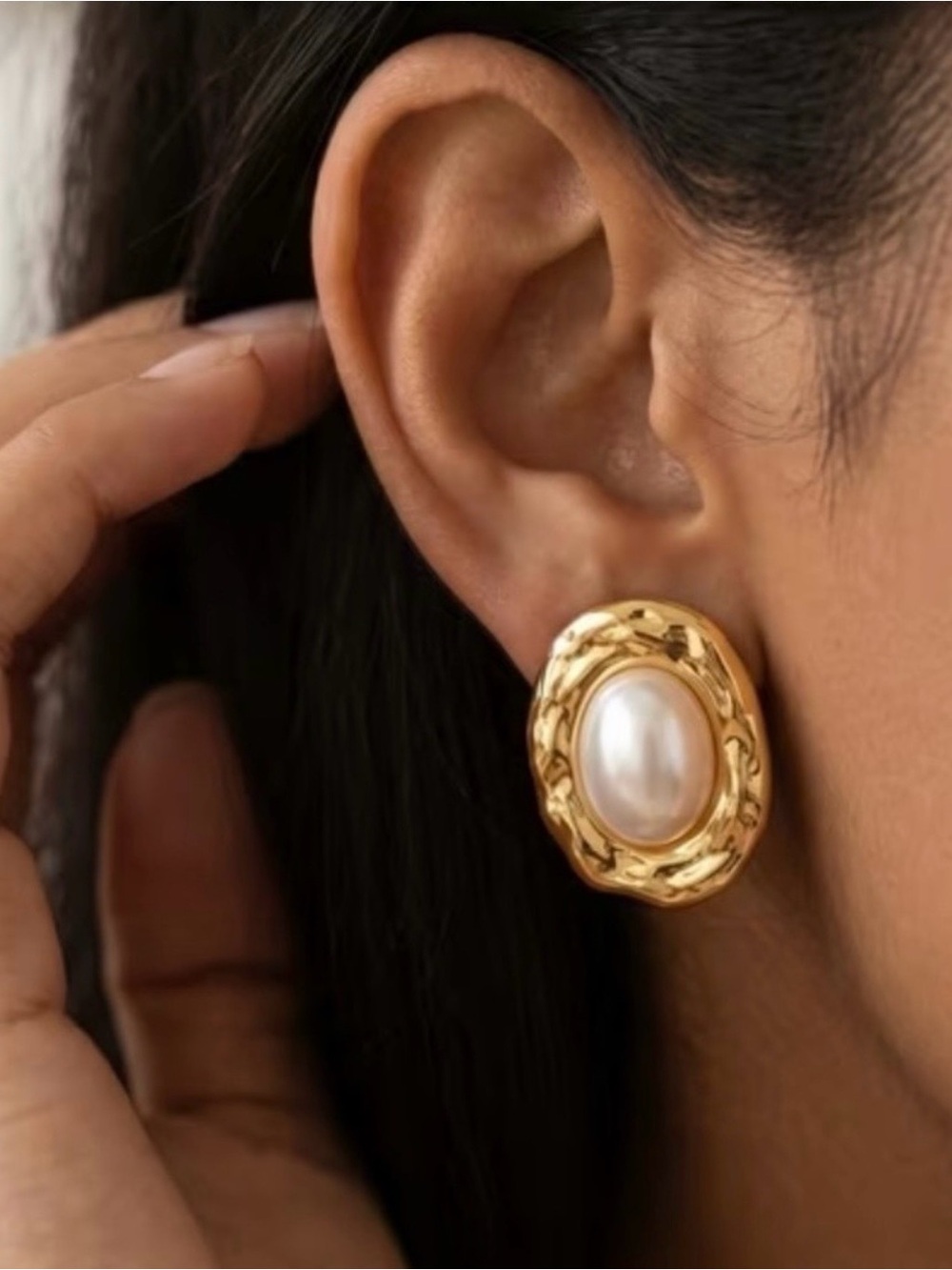 Gold-Tone Pearl Oval Stud Earrings